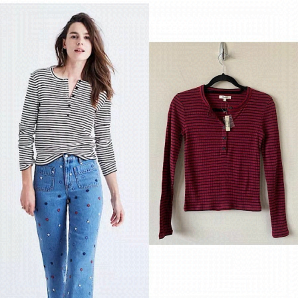 NWT-Striped Red & Navy Henley Tee (XXS)